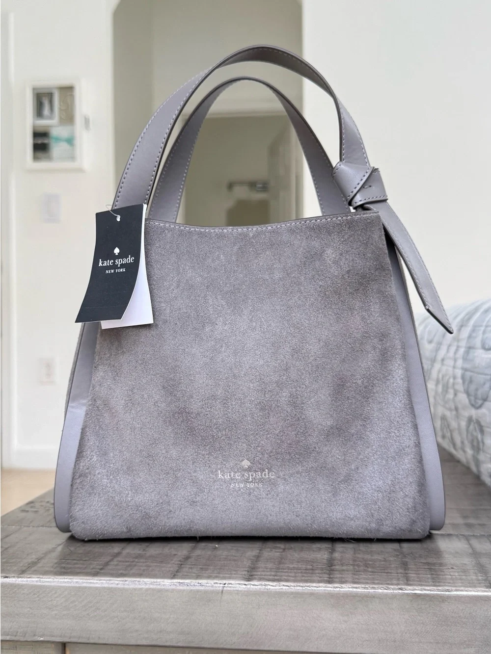 Kate Spade Knott Suede Convertible Carryall Crossbody Satchel Grey Retail $348